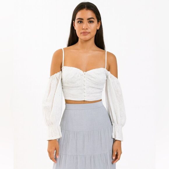 Zara White Eyelet Milkmaid Coastal Cowgirl Crop Top, Small - Picture 1 of 10